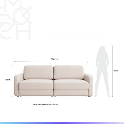 Sofá Cama Retrátil e Reclinável 4 Lugares Hudson 270 cm - Linho Texturizado Bege