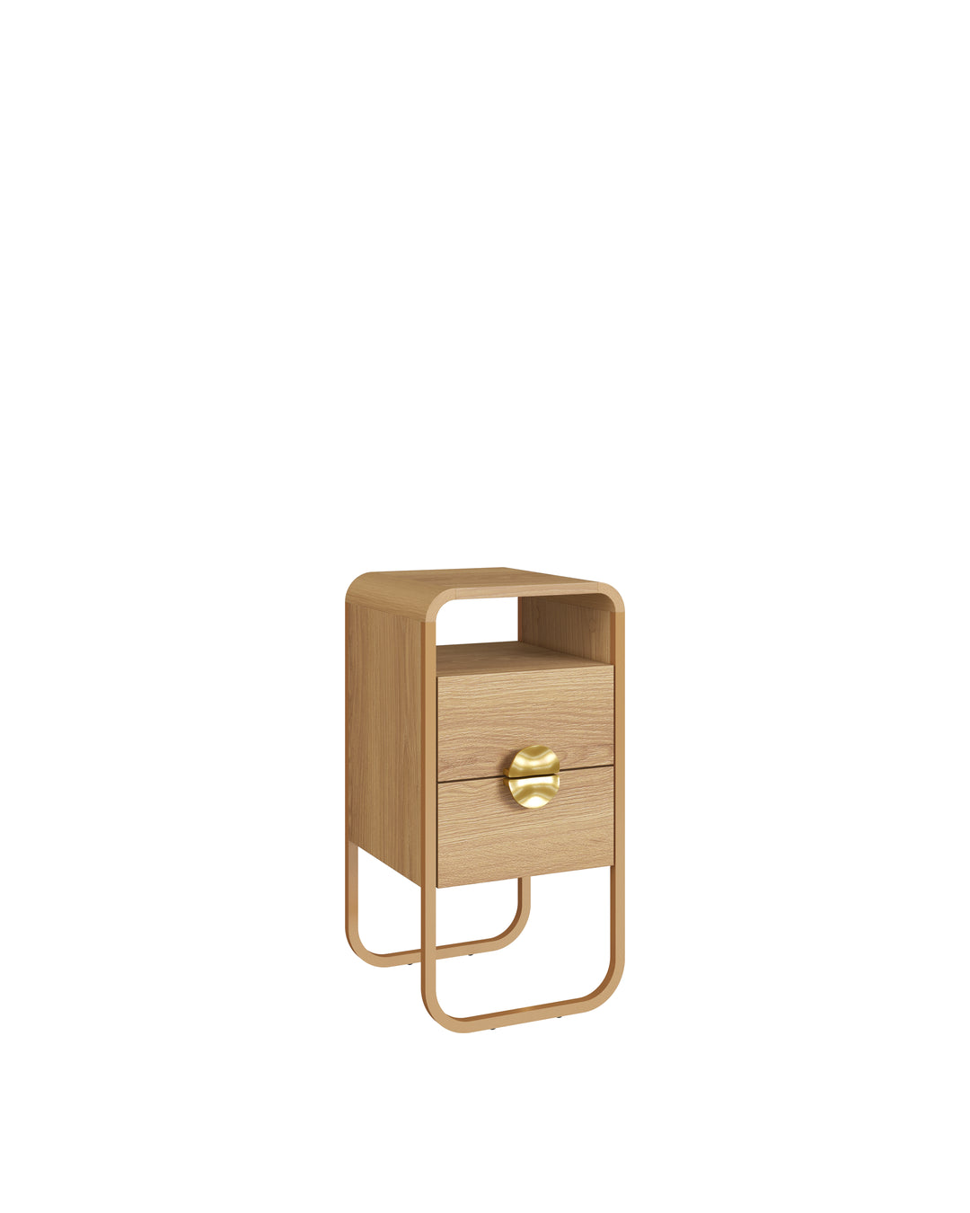 Mesa de Cabeceira 2 Gavetas Pés em Aço Dunna 30 cm - Mel c/ Dourado