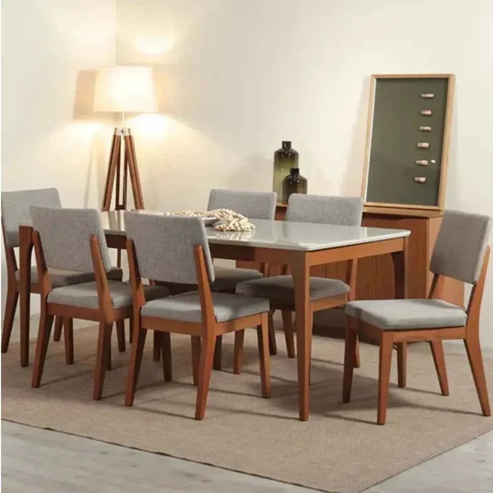 Conjunto com 8 Cadeiras de Madeira Maciça Estofada Ella - Natural c/ Linho Mescla Cinza