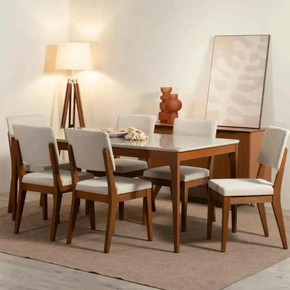 Conjunto com 8 Cadeiras de Madeira Maciça Estofada Ella - Natural c/ Linho Off White