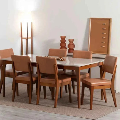 Conjunto com 8 Cadeiras de Madeira Maciça Estofada Ella - Natural c/ PU Caramelo