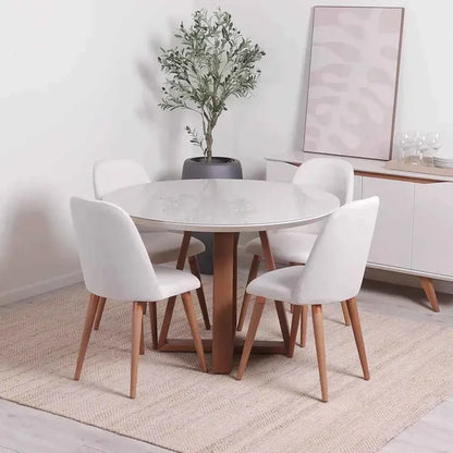 Conjunto com 8 Cadeiras de Madeira Maciça Estofada New Drop - Natural c/ Linho Off White - Cobre