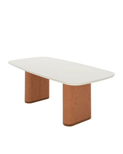 Mesa de Jantar Retangular c/ Vidro para 6 Lugares Lintz 184 cm - Off White Fosco c/ PU Caramelo