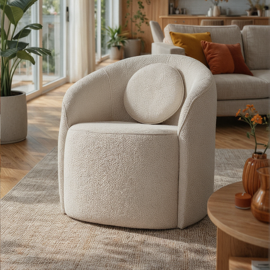 Poltrona Giratória Estofada com Almofada Nuvia - Linho Texturizado Off White