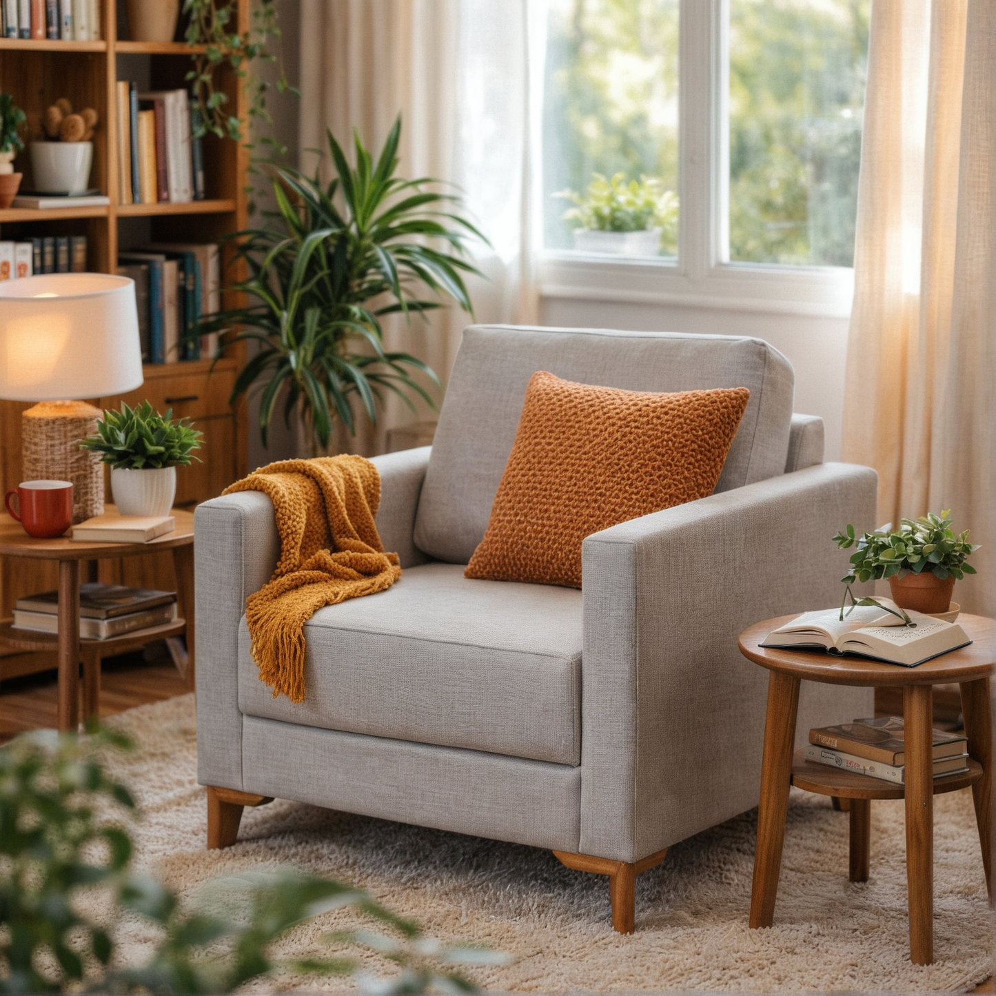 Poltrona Madeira Maciça Estofada Madrid - Linho Texturizado Cinza c/ Natural