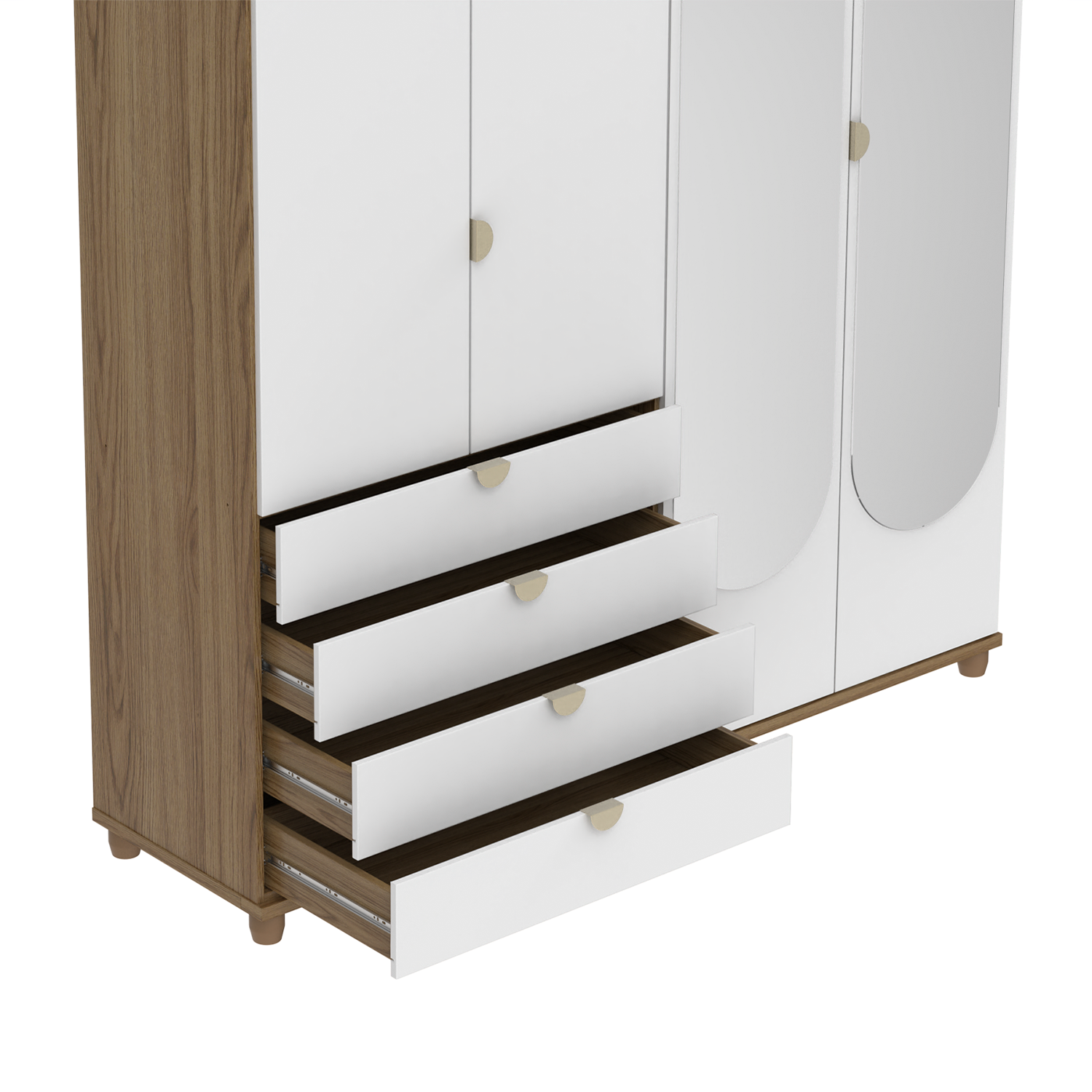 Homedock Guarda-Roupa Casal com Espelho 4 Portas 4 Gavetas 100% MDF Look 181 cm - Freijó c/ Branco Fosco - Champanhe Móveis Província