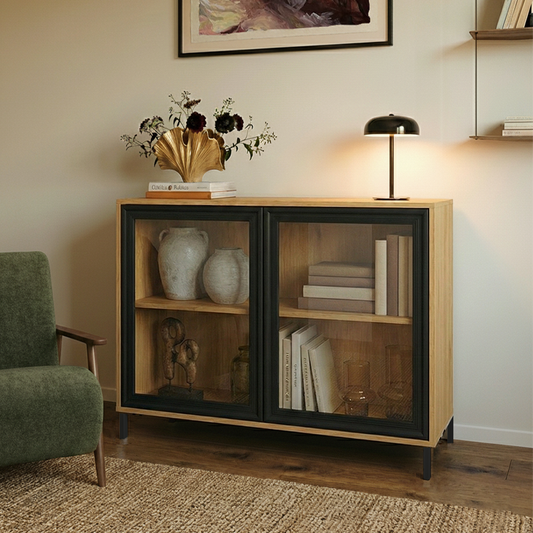 Buffet 2 Portas com Vidro Vitria 91 cm - Mel c/ Preto