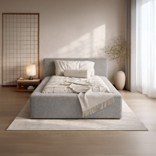 Cama Estofada de Solteiro com Cabeceira Nora - Linho Cinza