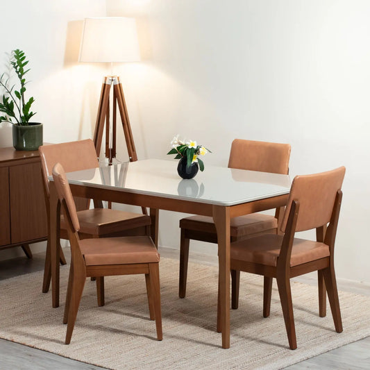 Homedock Conjunto de Jantar Mesa com Vidro 4 Cadeiras Ella - Natural c/ Caramelo Móveis Província