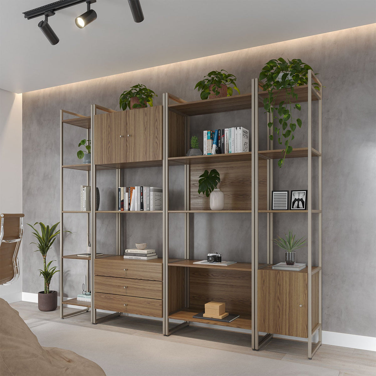 Homedock Estante com 3 Gavetas Voss 75 cm - Freijó c/ Champanhe Móveis Província