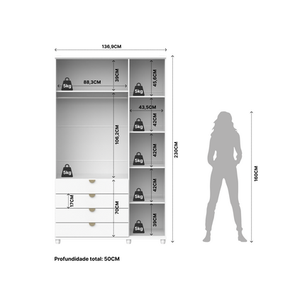 Homedock Guarda-Roupa Solteiro com Espelho 3 Portas 4 Gavetas 100% MDF Look 136 cm - Branco Fosco c/ Champanhe Móveis Província