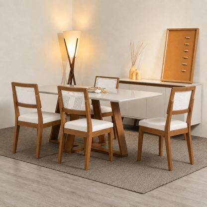 Conjunto de Jantar Mesa Retangular com Vidro Avena 4 Cadeiras Saga Off White c/ Linho Mescla Cru