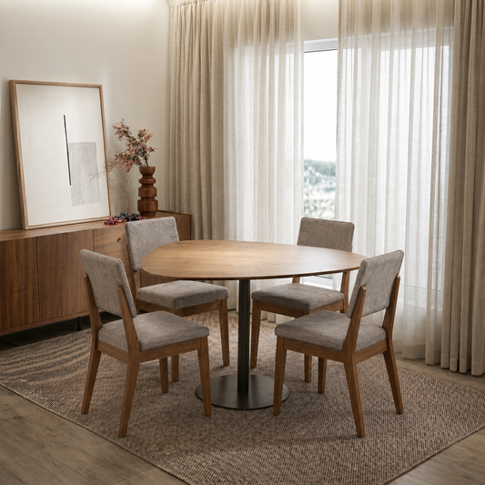 Conjunto de Jantar Mesa Organica Kalyx 4 Cadeiras Ella Canella c/ Linho Mescla Cinza
