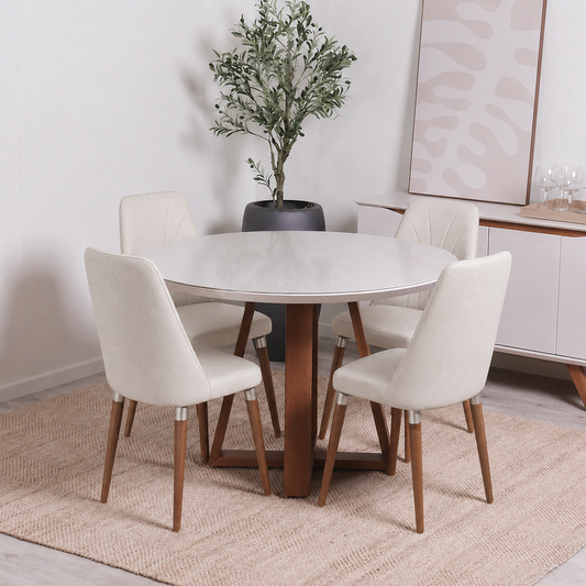 Conjunto de Jantar Mesa Redonda com Vidro Bennett 4 Cadeiras Lara Off White c/ Linho Off White