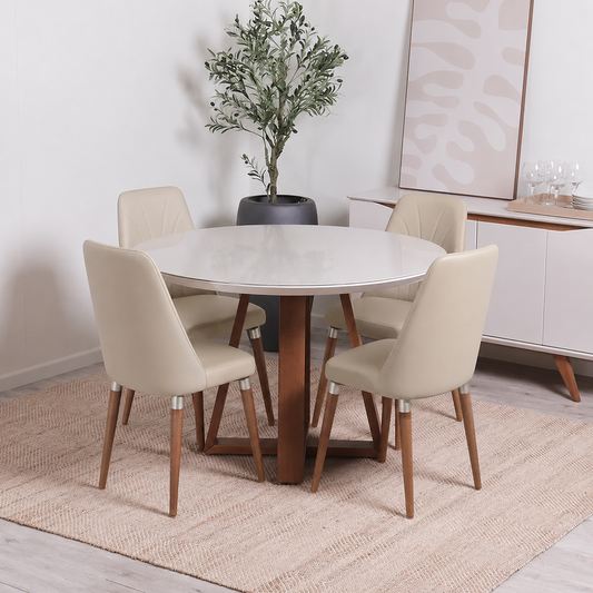 Conjunto de Jantar Mesa Redonda com Vidro Bennett 4 Cadeiras Lara Off White c/ PU Off White
