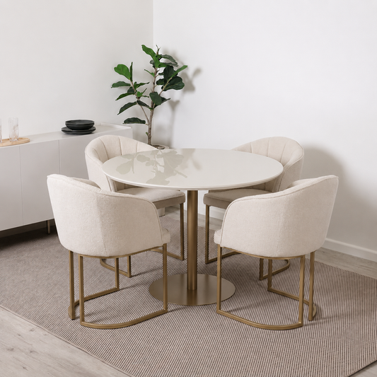 Conjunto de Jantar Mesa Redonda com Vidro Cloe 4 Cadeiras Abany Off White Fosco c/ Linho Mescla Cru