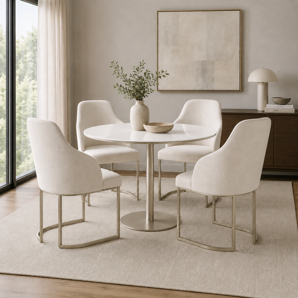 Conjunto de Jantar Mesa Redonda com Vidro Cloe 4 Cadeiras Albany Off White Fosco c/ Linho Mescla Cru
