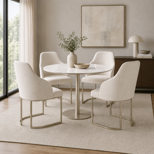 Conjunto de Jantar Mesa Redonda com Vidro Cloe 4 Cadeiras Albany Off White Fosco c/ Linho Mescla Cru