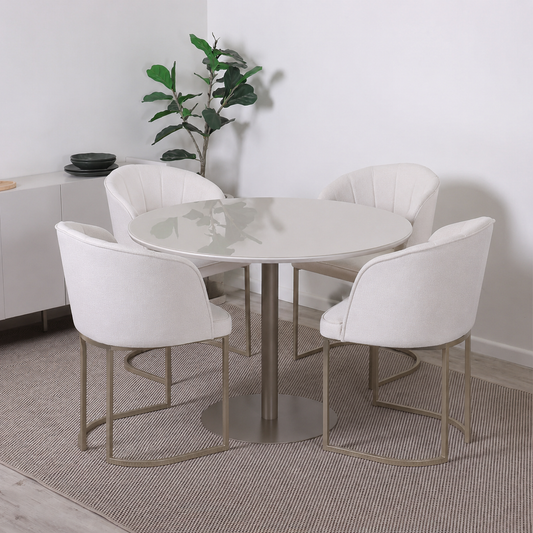 Conjunto de Jantar Mesa Redonda com Vidro Cloe 4 Cadeiras Beverly Champanhe c/ Linho Mescla Cru