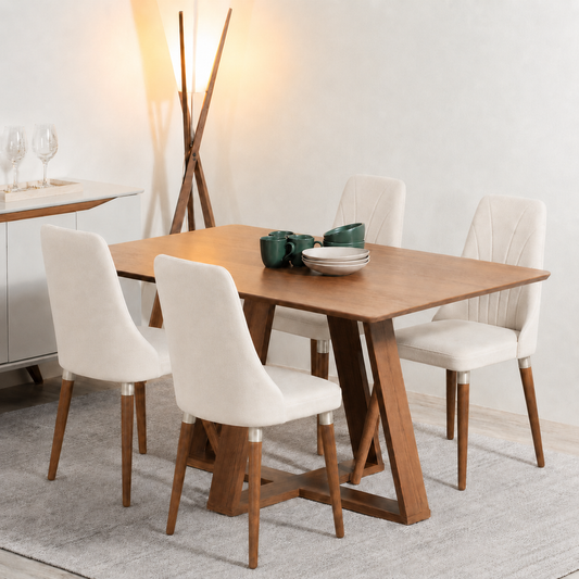 Conjunto de Jantar Mesa Retangular Avena 4 Cadeiras Lara Canella c/ Linho Off White