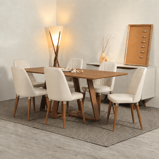 Conjunto de Jantar Mesa Retangular Avena 6 Cadeiras Lara Canella c/ PU Off White