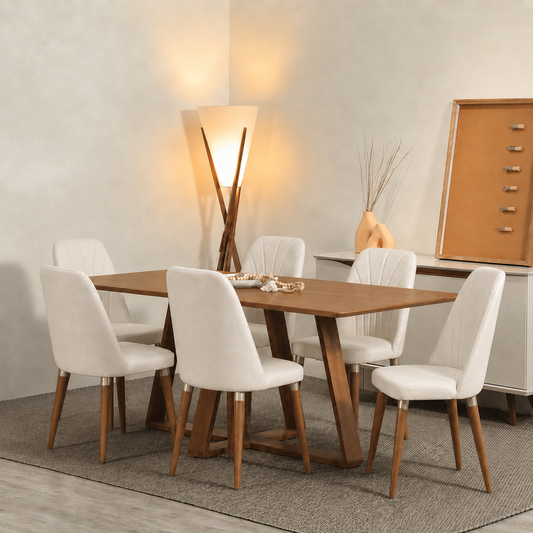 Conjunto de Jantar Mesa Retangular Avena 6 Cadeiras Lara Canella c/ Linho Off White