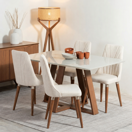 Conjunto de Jantar Mesa Retangular com Vidro Avena 4 Cadeiras Lara Off White c/ Linho Off White