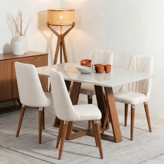Conjunto de Jantar Mesa Retangular com Vidro Avena 4 Cadeiras Lara - Off White c/ Linho Off White