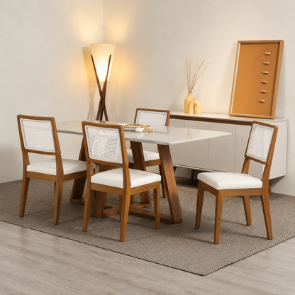 Conjunto de Jantar Mesa Retangular com Vidro Avena 4 Cadeiras Saga Off White c/ Linho Mescla Cru