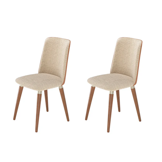 Conjunto de 2 Cadeiras de Madeira Maciça Estofada Dakota - Natural c/ Bouclé Fendi e PU Caramelo - Champanhe