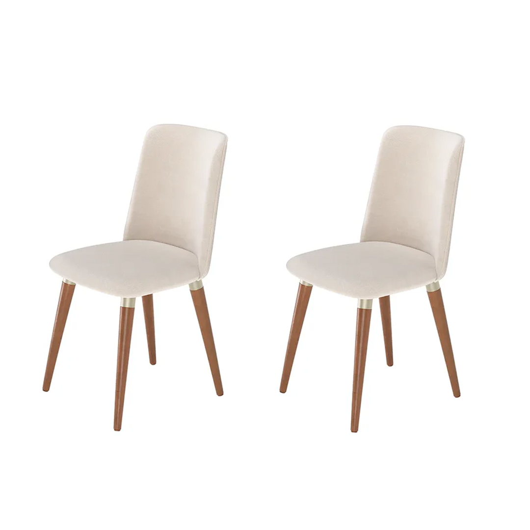 Conjunto de 2 Cadeiras de Madeira Maciça Estofada Dakota - Natural c/ Linho Off White - Champanhe