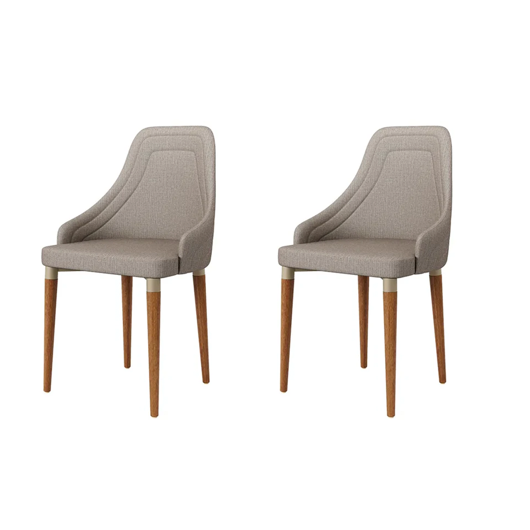 Conjunto de 2 Cadeiras de Madeira Maciça Estofada Evelyn - Natural c/ Linho Mescla Cinza - Champanhe