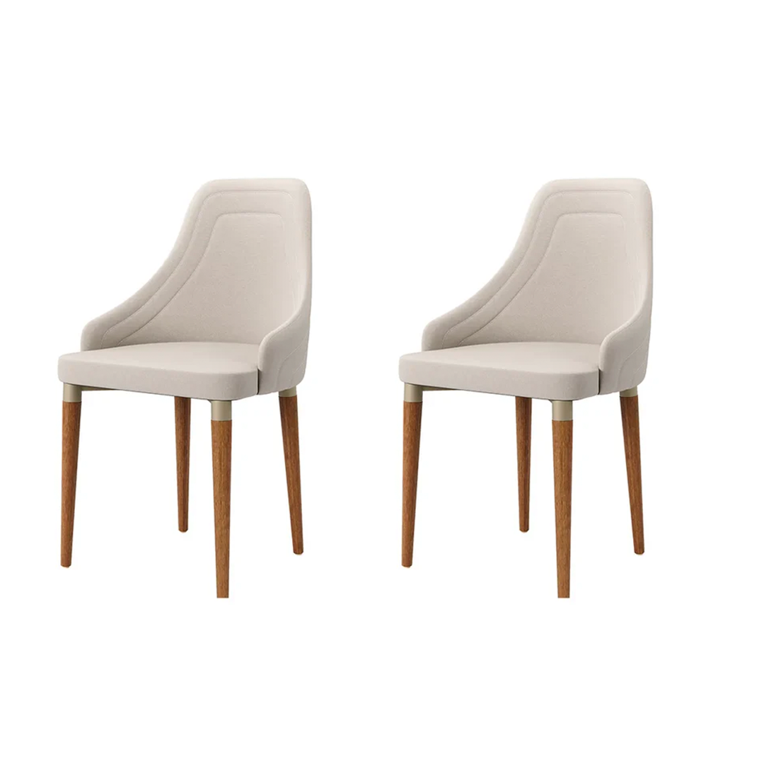 Conjunto de 2 Cadeiras de Madeira Maciça Estofada Evelyn - Natural c/ Linho Off White - Champanhe