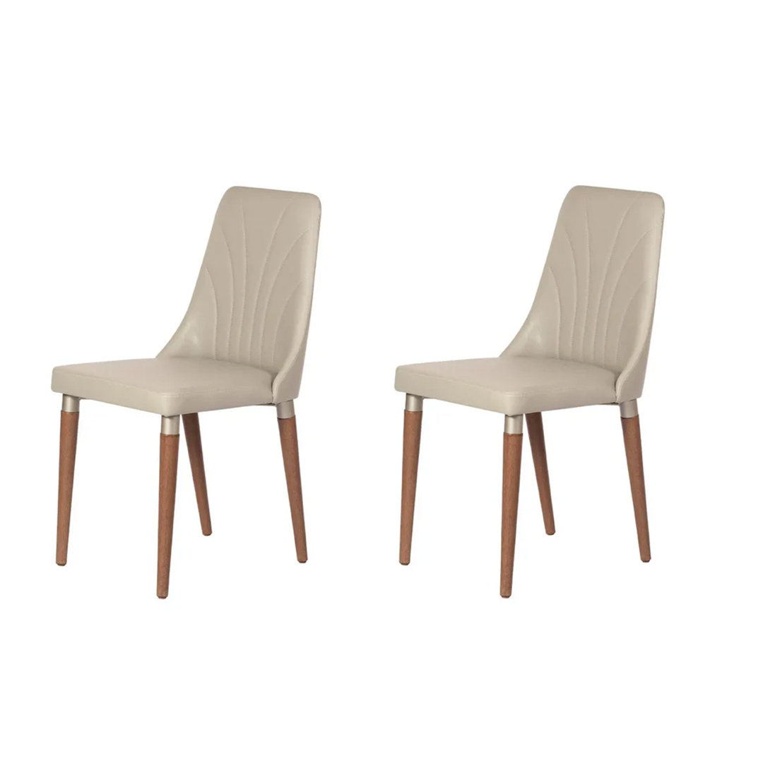 Conjunto de 2 Cadeiras de Madeira Maciça Estofada Lara - Natural c/ PU Off White - Champanhe