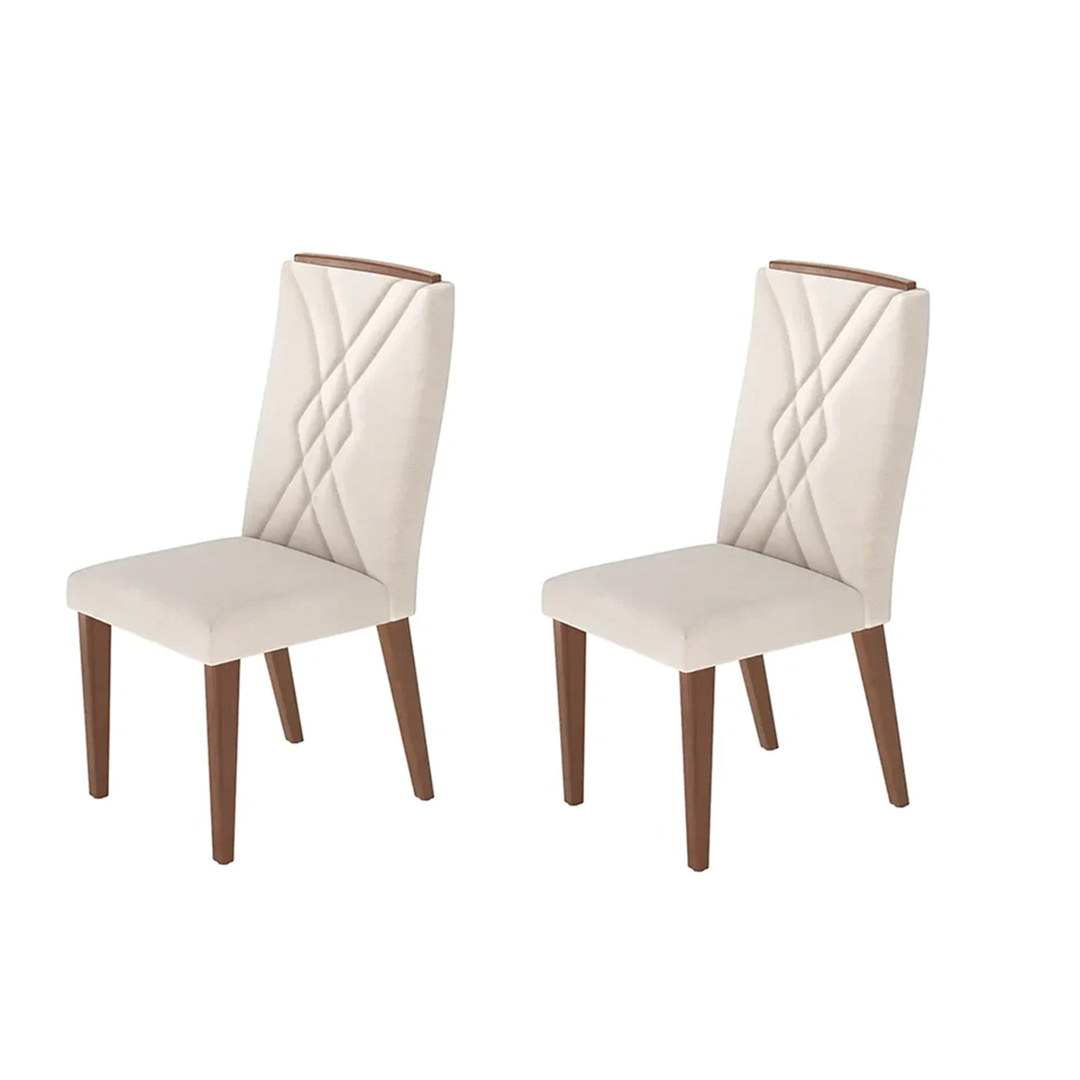Conjunto de 2 Cadeiras de Madeira Maciça Estofada Megan - Natural c/ Linho Off White
