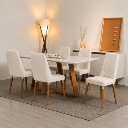 Conjunto de Jantar Mesa Retangular com Vidro Avena 6 Cadeiras Lara - Off White c/Linho Off White