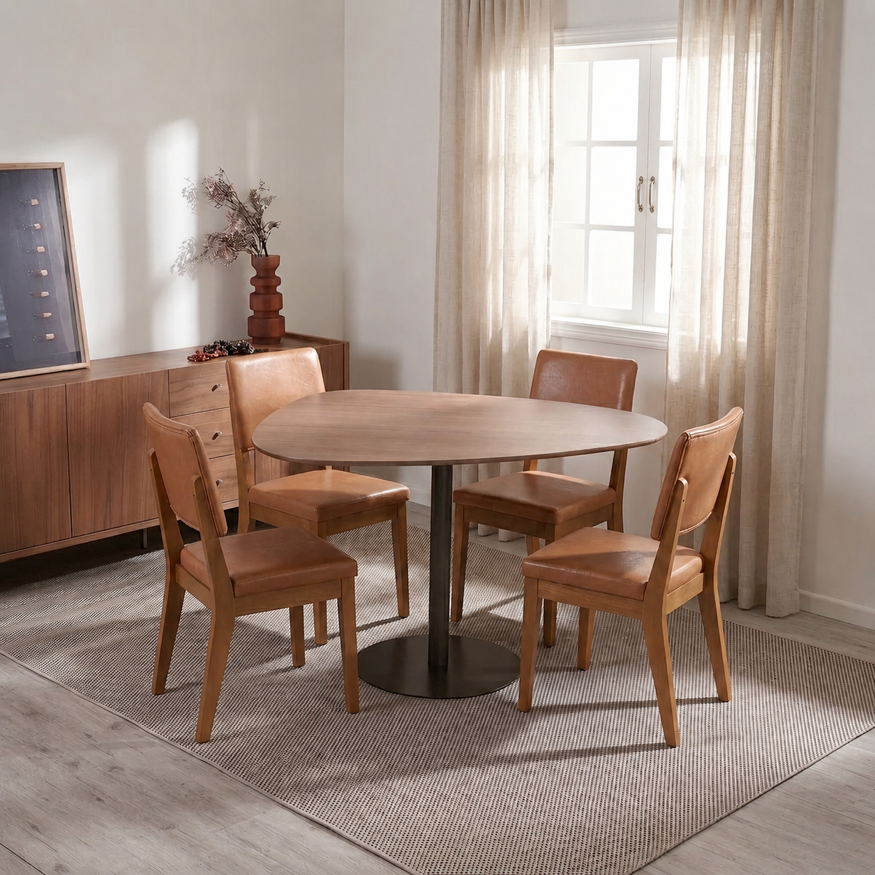 Conjunto de Jantar Mesa Organica Kalyx 4 Cadeiras Ella Canella c/ PU Caramelo