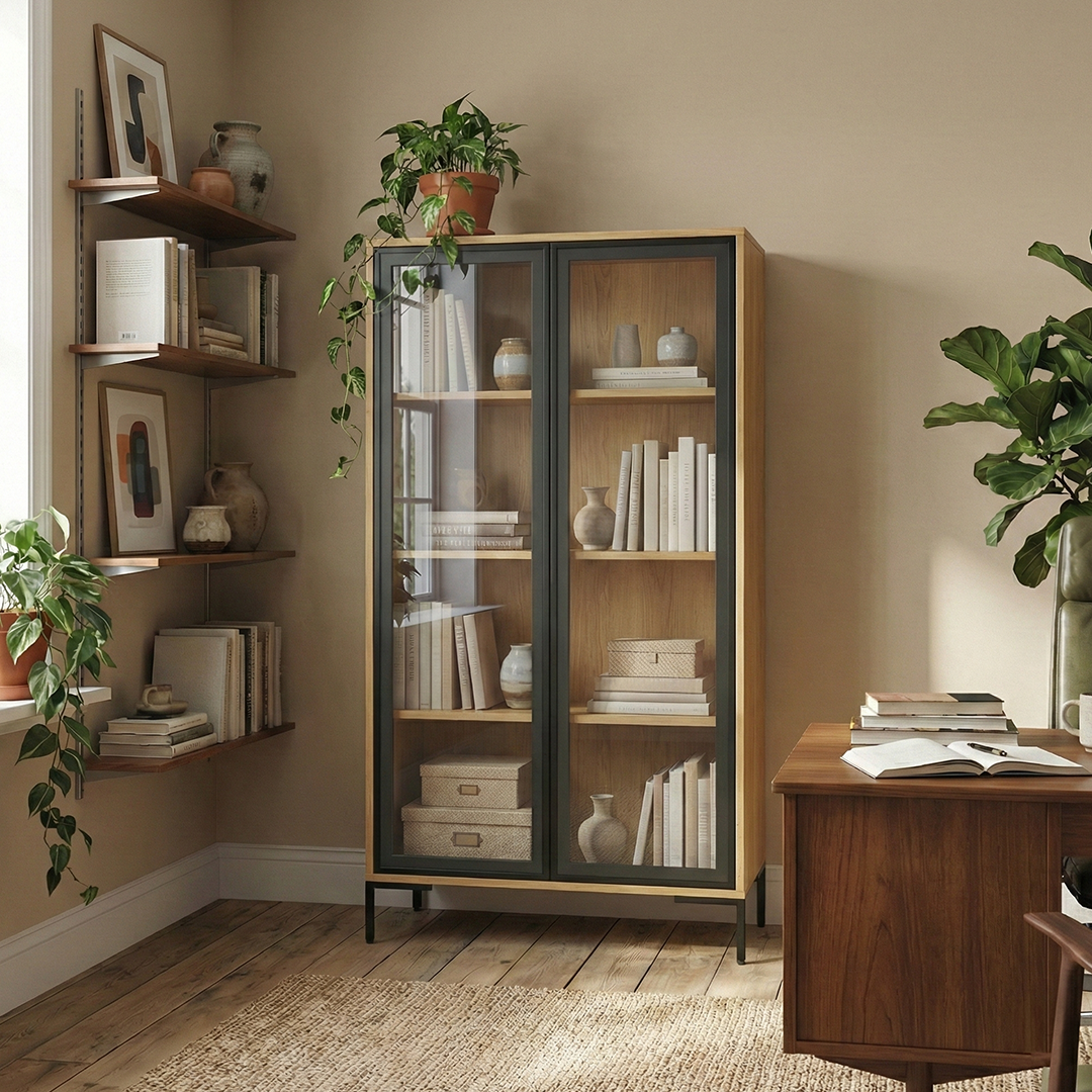 Cristaleira 2 Portas com Vidro Vitria 91 cm - Mel c/ Preto