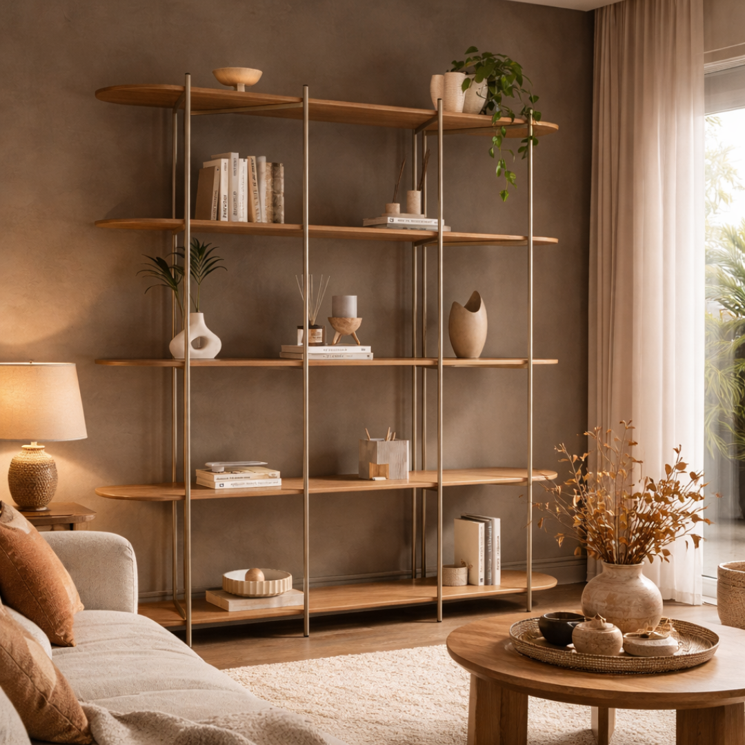 Estante de Livros 5 Prateleiras Aço com MDF Enya 180 cm - Canella c/ Champanhe