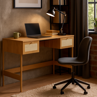 Escrivaninha com 2 Gavetas Ander 139 cm - Mel c/ Palhinha - Dourado