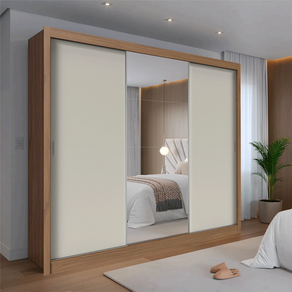 Guarda-Roupa Casal com Espelho 3 Portas de Correr 6 Gavetas Montclair 275 cm - Canella c/ Off White Fosco