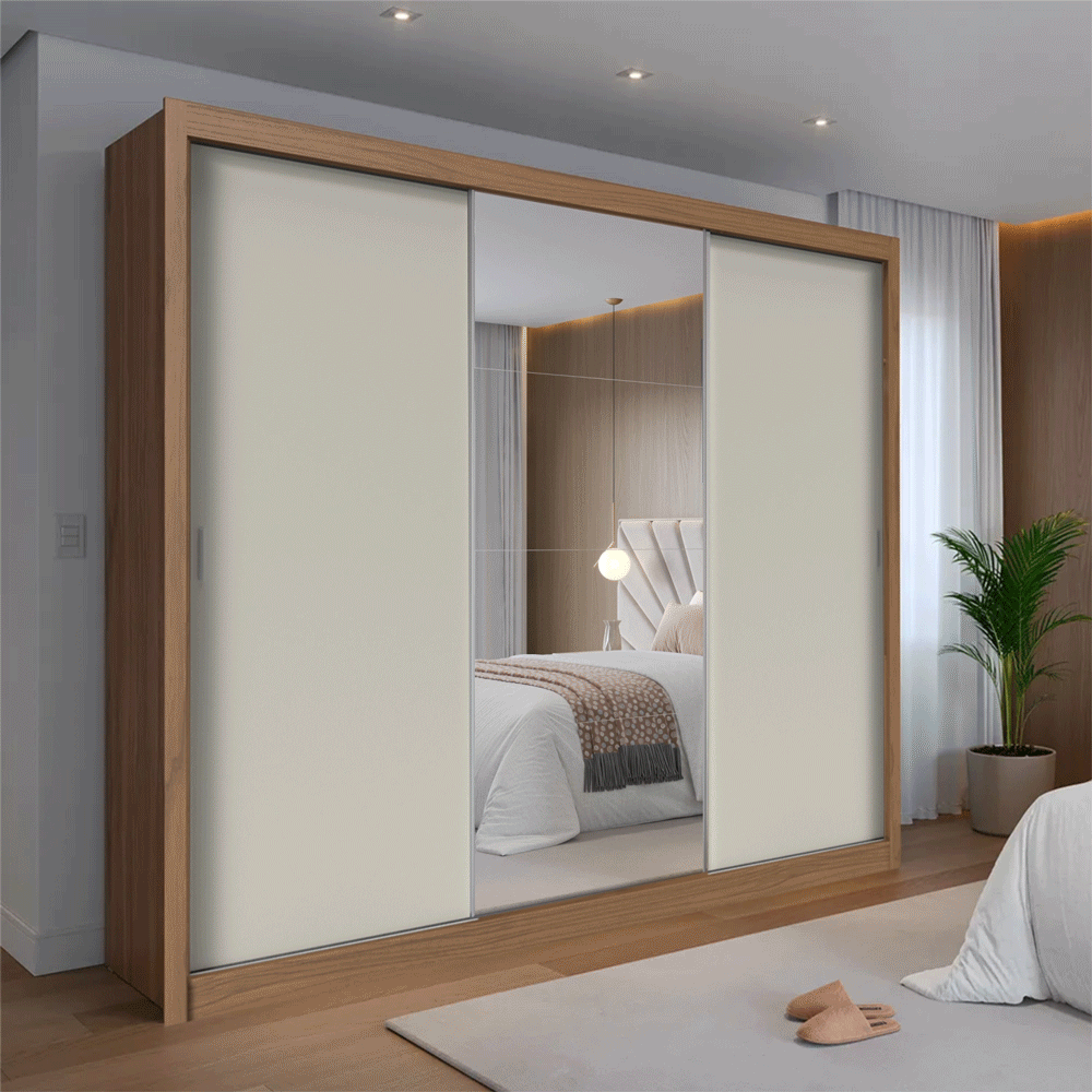 Guarda-Roupa Casal com Espelho 3 Portas de Correr 8 Gavetas Montclair 275 cm - Canella c/ Off White Fosco