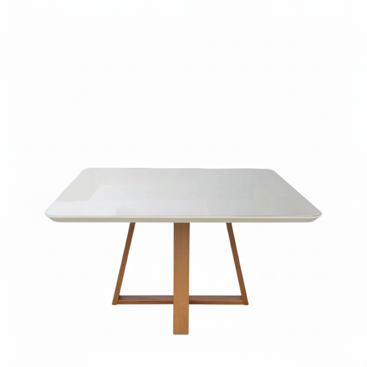 Mesa de Jantar Quadrada c/ Vidro para 6 Lugares Bennett 135 cm - Natural c/ Off White Fosco
