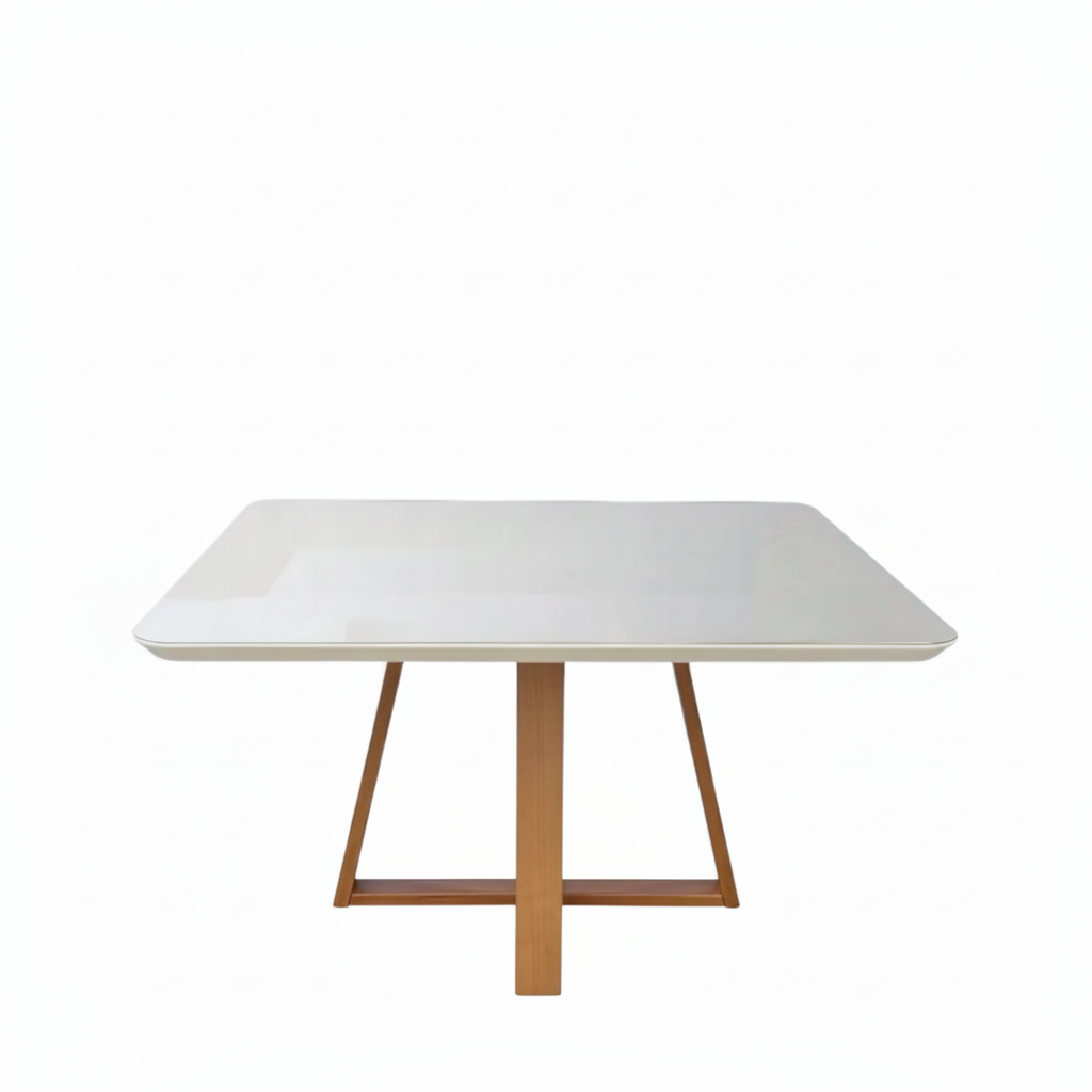 Mesa de Jantar Quadrada c/ Vidro para 6 Lugares Bennett 135 cm - Natural c/ Off White Fosco