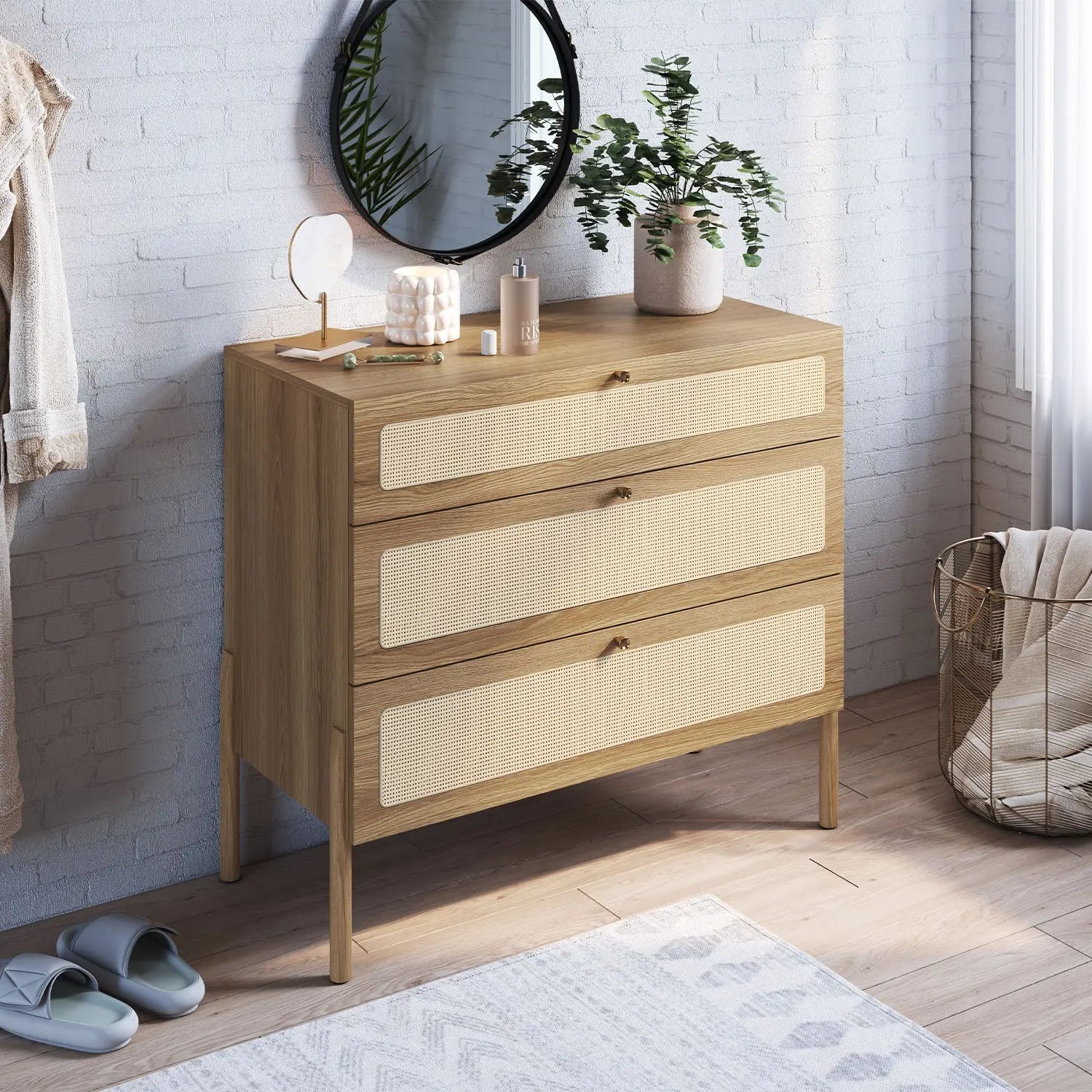 Homedock Cômoda Runa c/ 3 Gavetas 93 cm - Mel c/ Palhinha Artesano