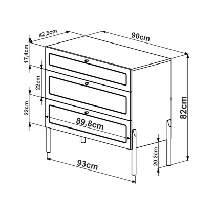 Homedock Cômoda Runa c/ 3 Gavetas 93 cm - Mel c/ Palhinha Artesano