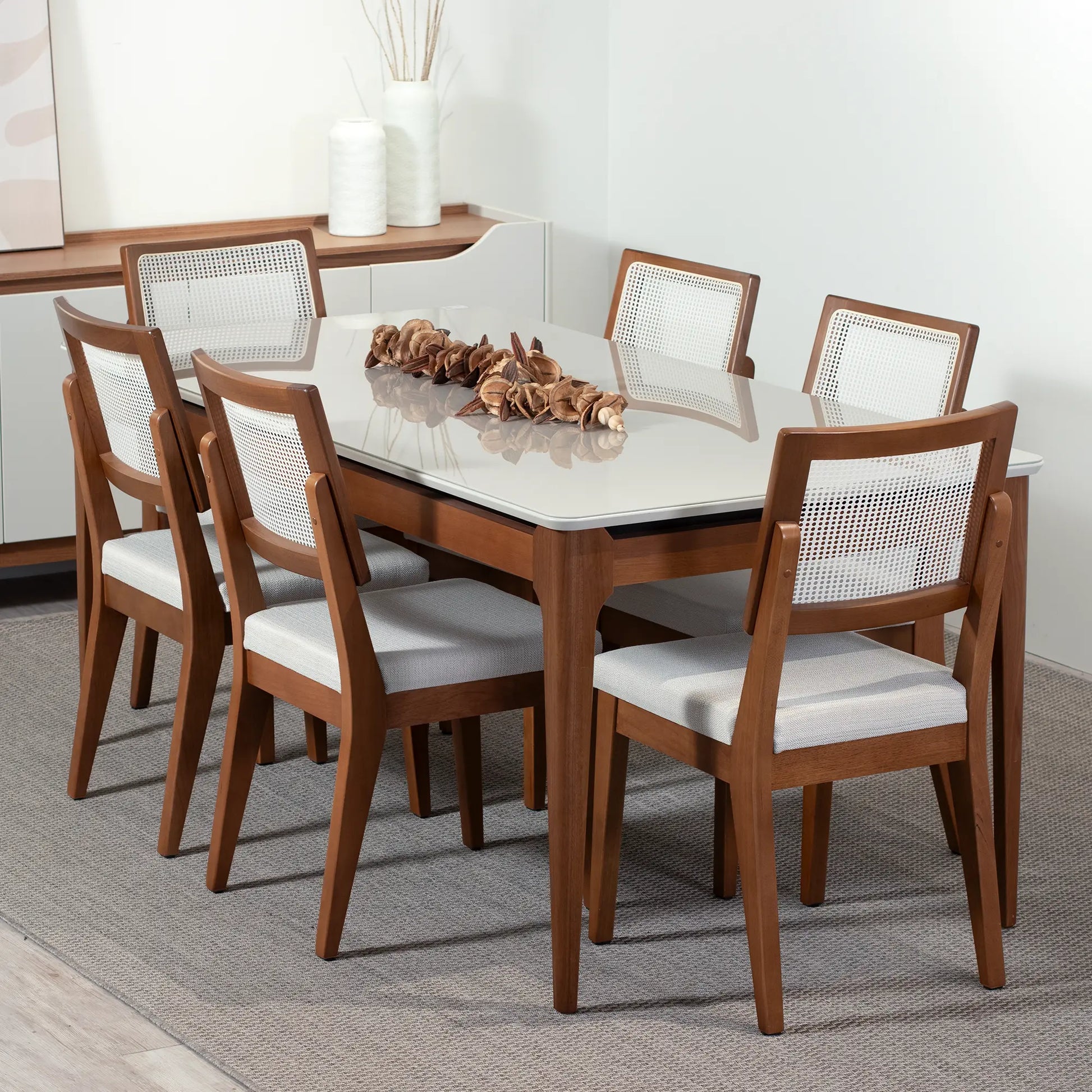 Conjunto de Jantar Mesa com Vidro Addar 6 Cadeiras Saga - Natural