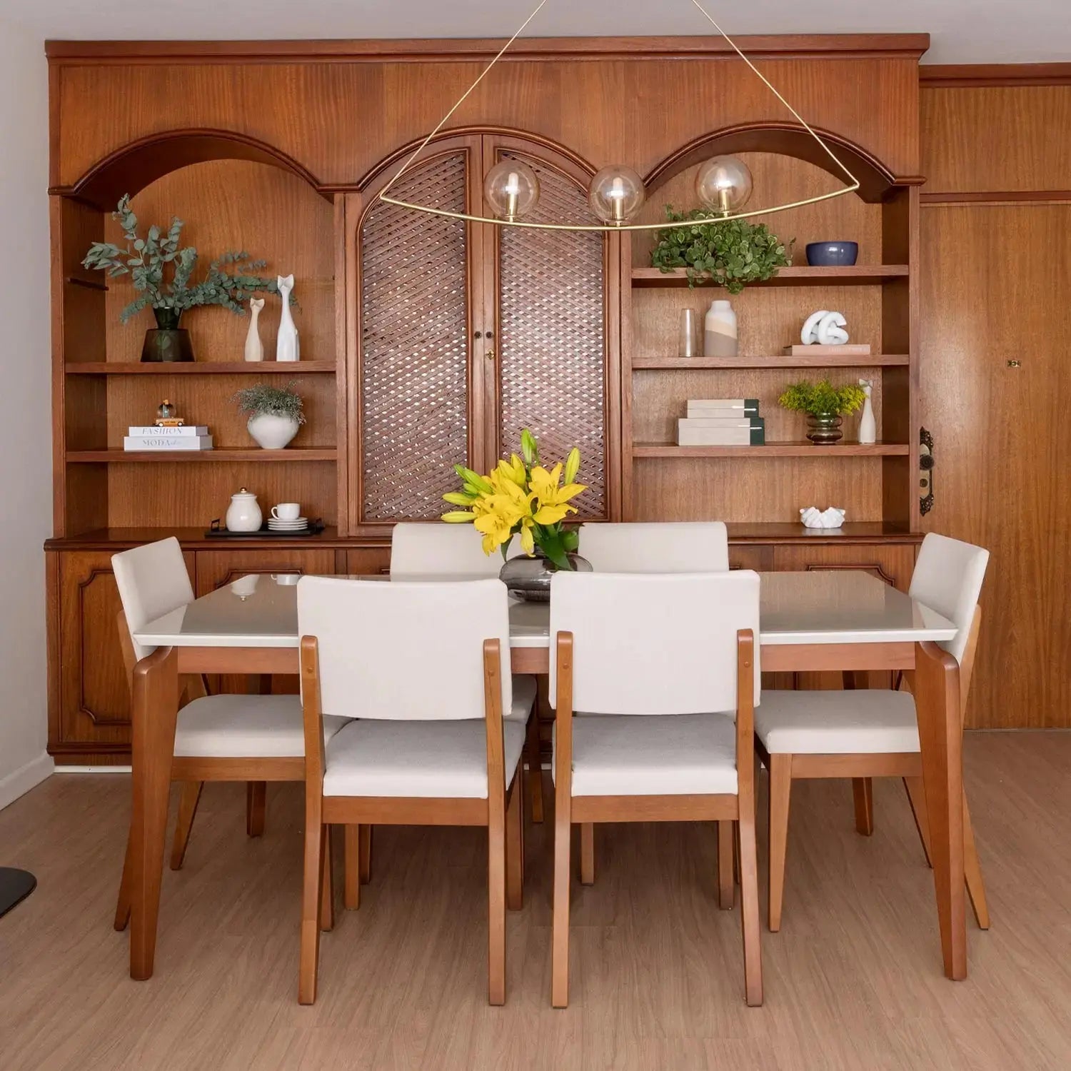 Homedock Conjunto Mesa de Jantar New Lauren com 6 Cadeiras de Madeira Natural Ella Linho Off White Móveis Província