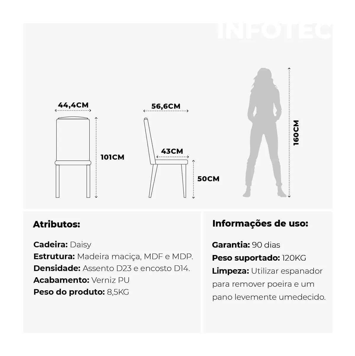 Conjunto de 2 Cadeiras de Madeira Maciça Estofada Daisy - Natural c/ Linho Cinza