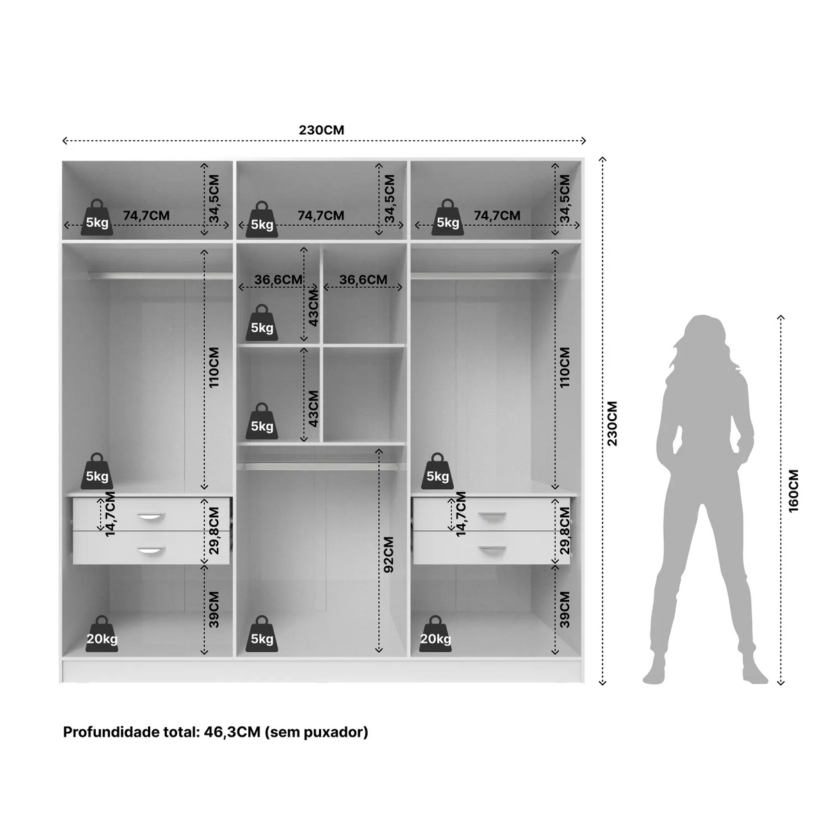 Homedock Guarda-Roupa 6 Portas Eldridge 230 cm - Branco Gloss Móveis Província